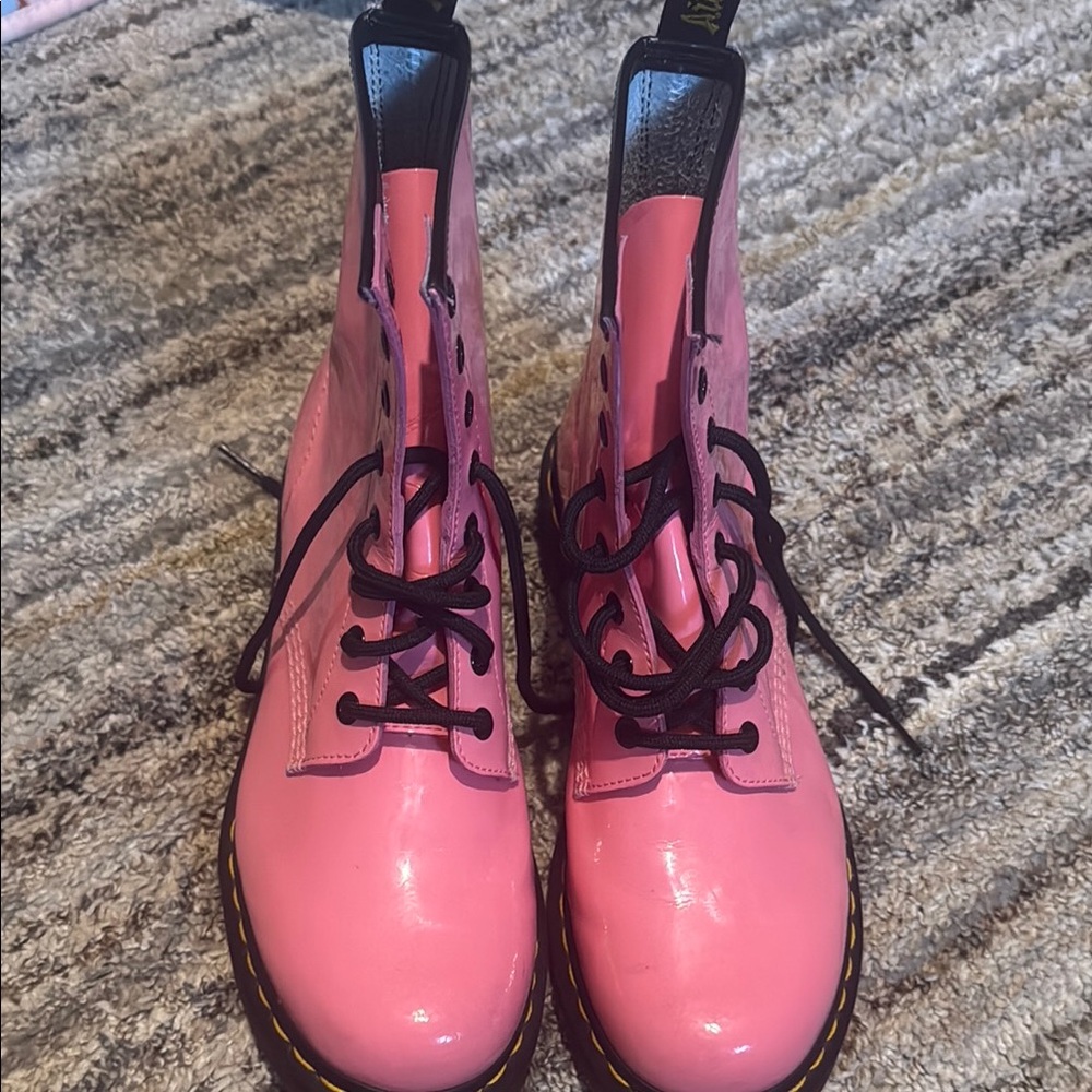 Dr. Martens Pink Combat Boots with Glossy Finish
